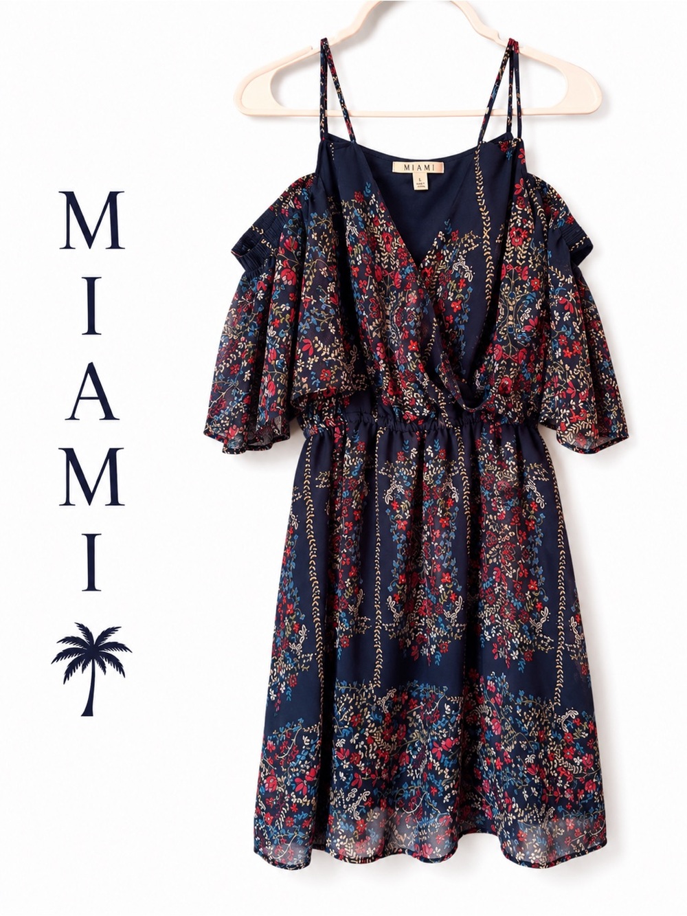Miami Navy Floral Cold Shoulder Midi Dress Large Boho Cottagecore F